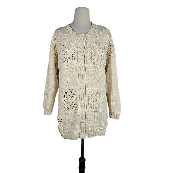 VTG Express Tricot Handknit Cardigan Cream L Patchwork Heart Cottagecore Minimal - Picture 1 of 12